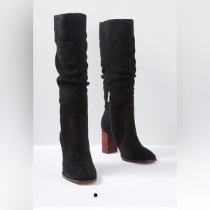 New suede knee-high boots stacked block heel, square toe, zipper closure.Heel 3"